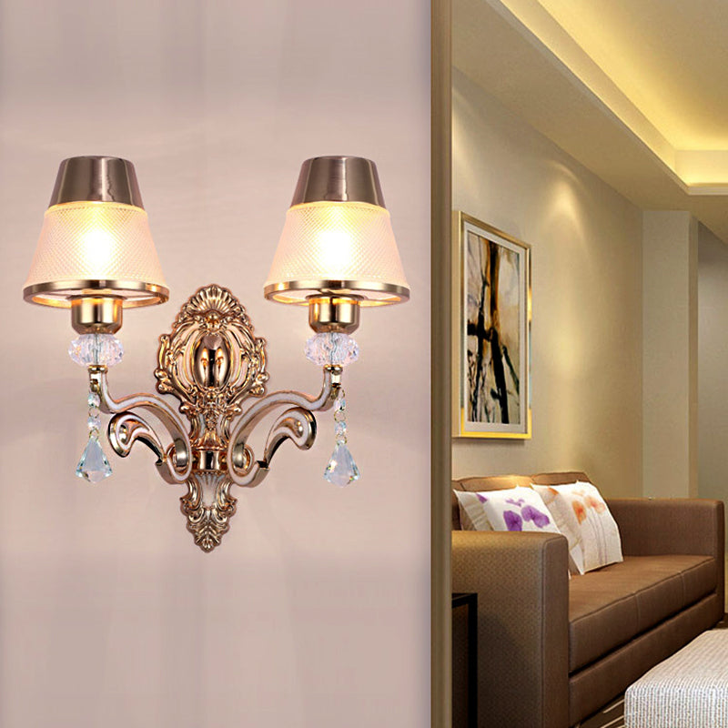 Cone Wall Lamp Vintage Stylish Metal 2 Lights Brass Sconce Lighting with Clear Glass Shade and Crystal Accent Brass A Clearhalo 'Modern wall lights' 'Modern' 'Wall Lamps & Sconces' 'Wall Lights' Lighting' 222419