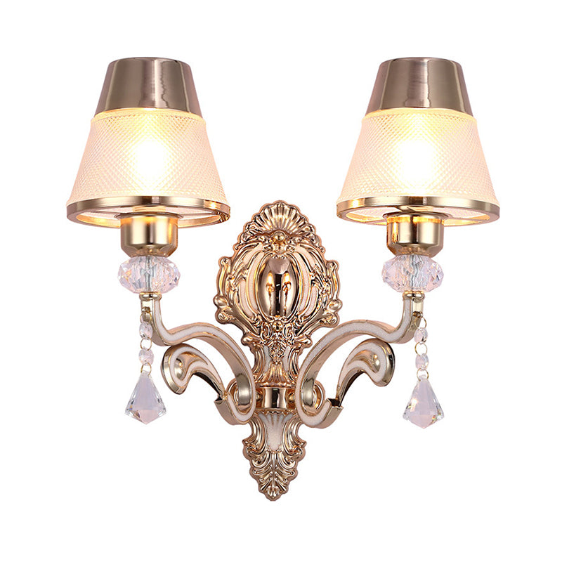 Cone Wall Lamp Vintage Stylish Metal 2 Lights Brass Sconce Lighting with Clear Glass Shade and Crystal Accent Clearhalo 'Modern wall lights' 'Modern' 'Wall Lamps & Sconces' 'Wall Lights' Lighting' 222420