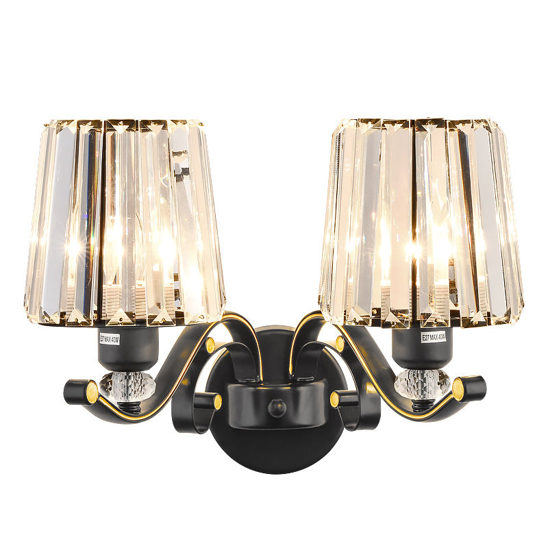 Clear Glass Conic Wall Lamp Modernism Style 1/2-Bulb Black Sconce Lighting with Crystal Decoration Clearhalo 'Modern wall lights' 'Modern' 'Wall Lamps & Sconces' 'Wall Lights' Lighting' 222435