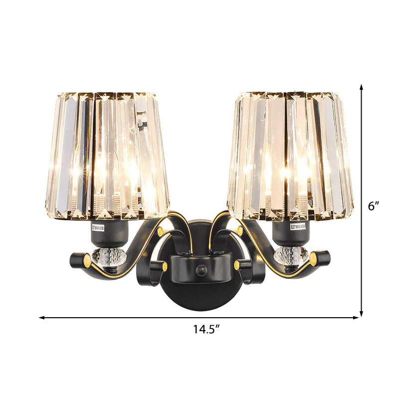 Clear Glass Conic Wall Lamp Modernism Style 1/2-Bulb Black Sconce Lighting with Crystal Decoration Clearhalo 'Modern wall lights' 'Modern' 'Wall Lamps & Sconces' 'Wall Lights' Lighting' 222436