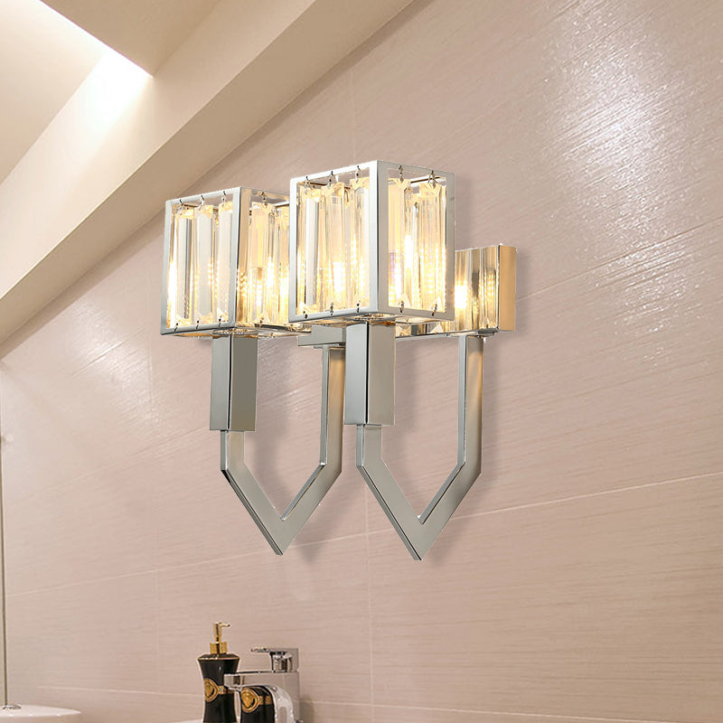 Rectangular Wall Sconce Modern Style Metal 1/2-Light Chrome Finish Wall Mount Light with Clear Crystal Accent 2.0 Chrome Clearhalo 'Modern wall lights' 'Modern' 'Wall Lamps & Sconces' 'Wall Lights' Lighting' 222457