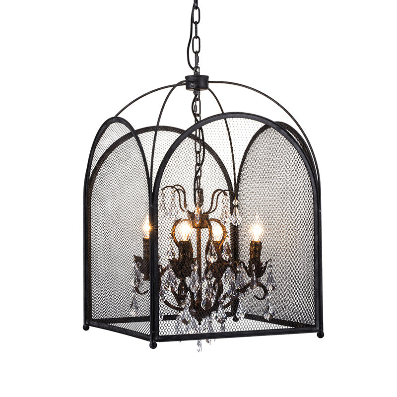 Mesh Cage Chandelier Lamp Modernism Crystal 4 Heads Hanging Light Kit in Black for Living Room Clearhalo 'Ceiling Lights' 'Chandeliers' 'Glass shade' 'Glass' 'Modern Chandeliers' 'Modern' Lighting' 222476