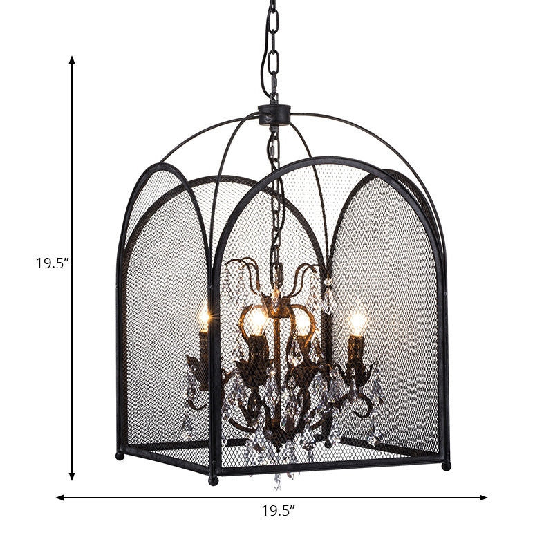 Mesh Cage Chandelier Lamp Modernism Crystal 4 Heads Hanging Light Kit in Black for Living Room Clearhalo 'Ceiling Lights' 'Chandeliers' 'Glass shade' 'Glass' 'Modern Chandeliers' 'Modern' Lighting' 222477