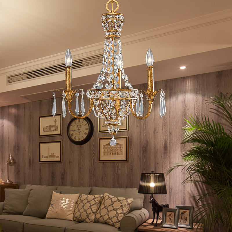 Retro Pyramid Hanging Chandelier Crystal 3 Heads Suspension Light in Gold for Living Room Clearhalo 'Ceiling Lights' 'Chandeliers' 'Modern Chandeliers' 'Modern' Lighting' 222485