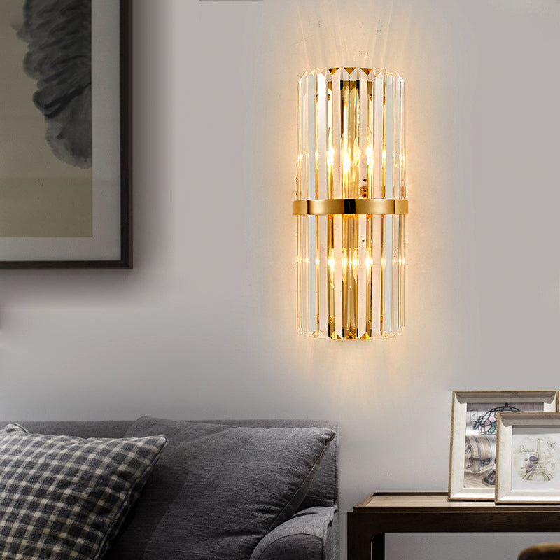 Clear Faceted Crystal Wall Lamp Vintage Stylish 2 Lights Brass/Gold Sconce Lighting with Cylinder Shape for Living Room Gold Clearhalo 'Modern wall lights' 'Modern' 'Wall Lamps & Sconces' 'Wall Lights' Lighting' 222505