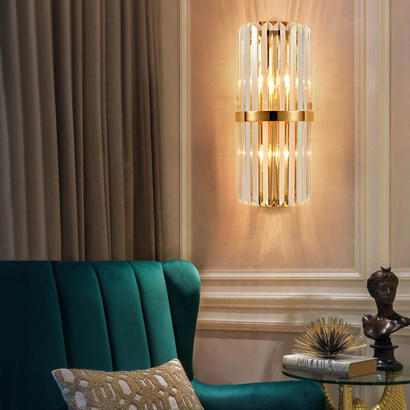 Clear Faceted Crystal Wall Lamp Vintage Stylish 2 Lights Brass/Gold Sconce Lighting with Cylinder Shape for Living Room Clearhalo 'Modern wall lights' 'Modern' 'Wall Lamps & Sconces' 'Wall Lights' Lighting' 222506