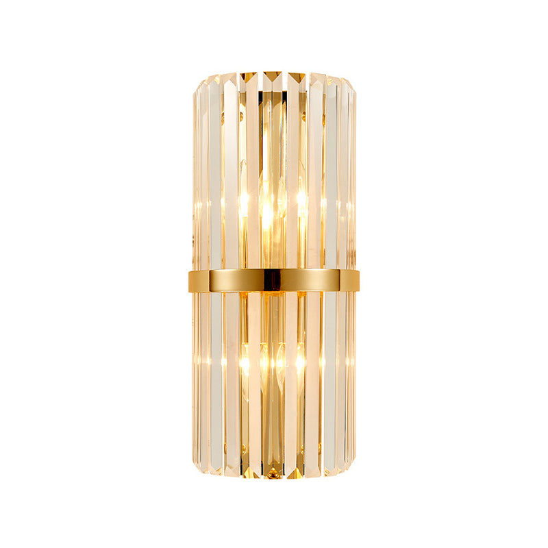 Clear Faceted Crystal Wall Lamp Vintage Stylish 2 Lights Brass/Gold Sconce Lighting with Cylinder Shape for Living Room Clearhalo 'Modern wall lights' 'Modern' 'Wall Lamps & Sconces' 'Wall Lights' Lighting' 222507