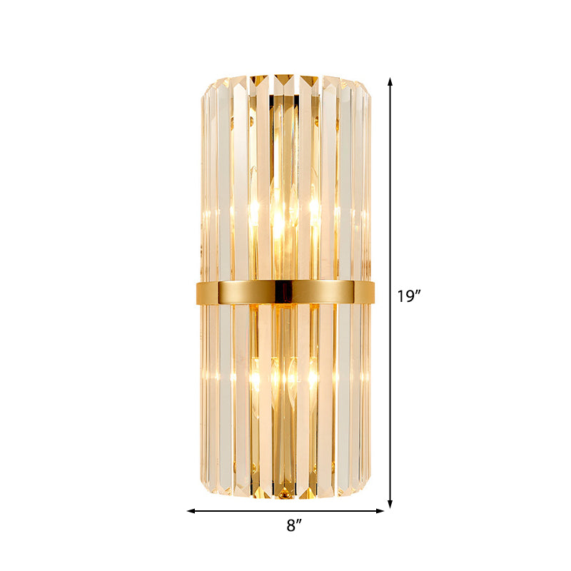 Clear Faceted Crystal Wall Lamp Vintage Stylish 2 Lights Brass/Gold Sconce Lighting with Cylinder Shape for Living Room Clearhalo 'Modern wall lights' 'Modern' 'Wall Lamps & Sconces' 'Wall Lights' Lighting' 222508