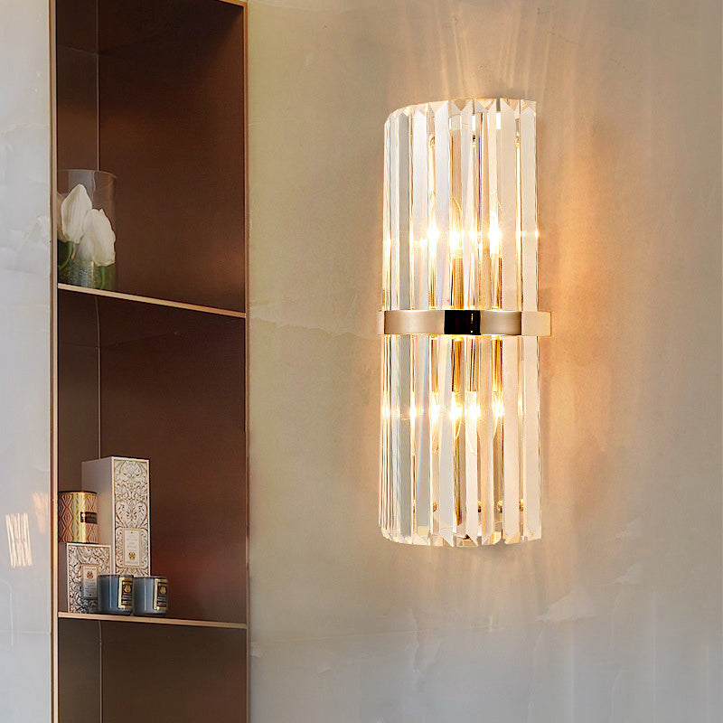 Clear Faceted Crystal Wall Lamp Vintage Stylish 2 Lights Brass/Gold Sconce Lighting with Cylinder Shape for Living Room Brass Clearhalo 'Modern wall lights' 'Modern' 'Wall Lamps & Sconces' 'Wall Lights' Lighting' 222511