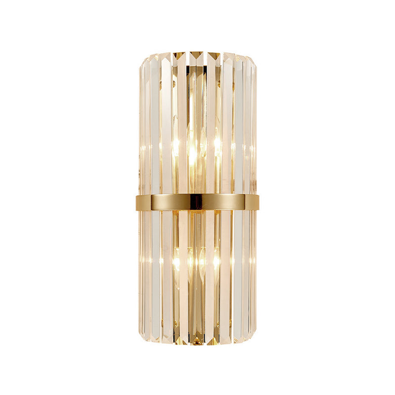 Clear Faceted Crystal Wall Lamp Vintage Stylish 2 Lights Brass/Gold Sconce Lighting with Cylinder Shape for Living Room Clearhalo 'Modern wall lights' 'Modern' 'Wall Lamps & Sconces' 'Wall Lights' Lighting' 222512