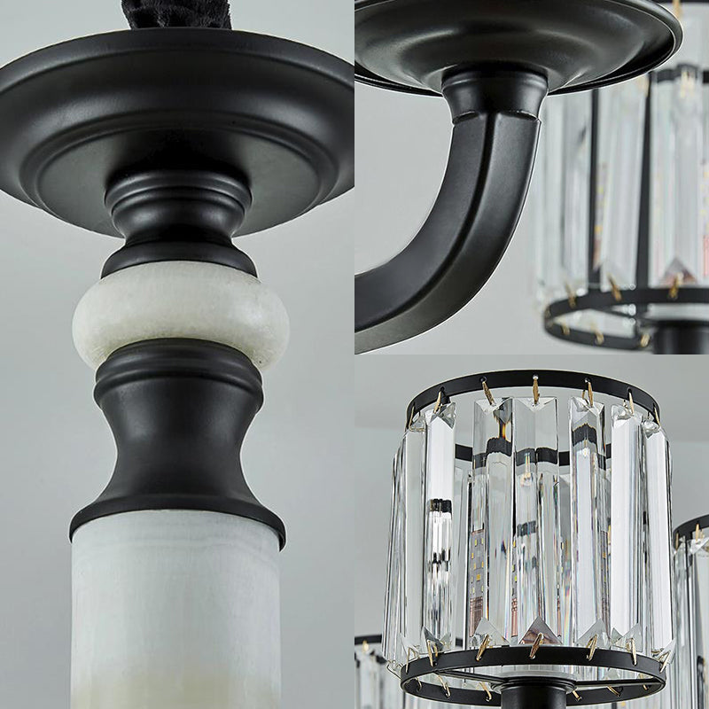 Crystal Cylinder Chandelier Lamp Mid Century 3/6 Bulbs Black Hanging Light Kit with Adjustable Rope Clearhalo 'Ceiling Lights' 'Chandeliers' 'Modern Chandeliers' 'Modern' Lighting' 222548