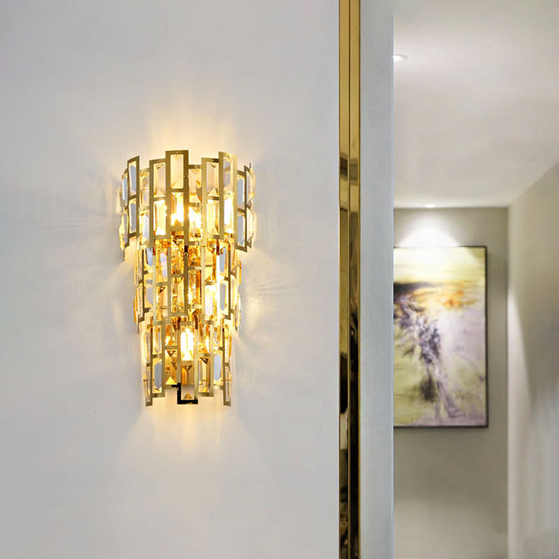 Vintage Style Tiered Wall Light Sconce Clear Crystal 3/5 Lights Living Room Wall Lamp in Gold Finish 5.0 Gold Clearhalo 'Modern wall lights' 'Modern' 'Wall Lamps & Sconces' 'Wall Lights' Lighting' 222562