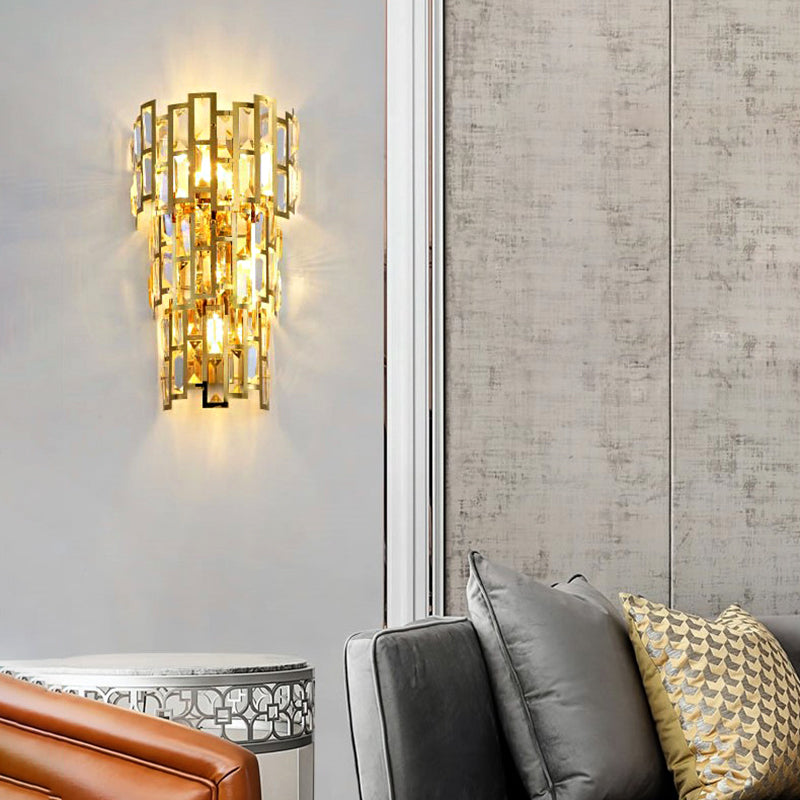 Vintage Style Tiered Wall Light Sconce Clear Crystal 3/5 Lights Living Room Wall Lamp in Gold Finish Clearhalo 'Modern wall lights' 'Modern' 'Wall Lamps & Sconces' 'Wall Lights' Lighting' 222563