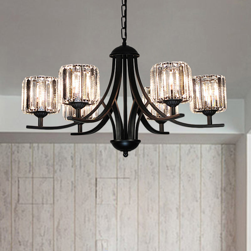 Mid-Century Cylinder Chandelier Light Crystal 4/6/8 Bulbs Hanging Ceiling Light in Black for Dining Room 6 Black Clearhalo 'Ceiling Lights' 'Chandeliers' 'Modern Chandeliers' 'Modern' Lighting' 222581