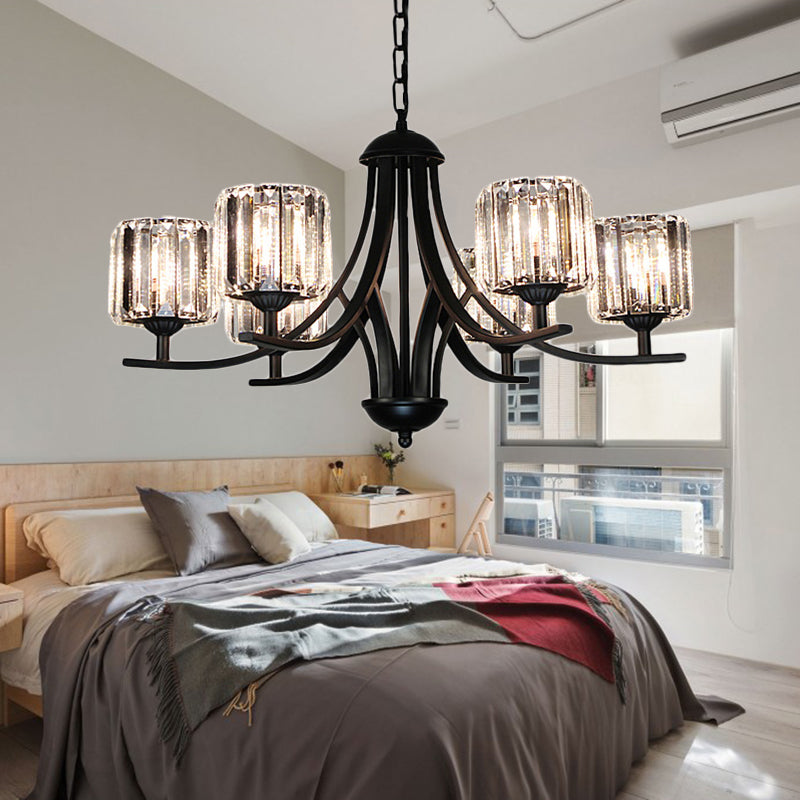 Mid-Century Cylinder Chandelier Light Crystal 4/6/8 Bulbs Hanging Ceiling Light in Black for Dining Room Clearhalo 'Ceiling Lights' 'Chandeliers' 'Modern Chandeliers' 'Modern' Lighting' 222582
