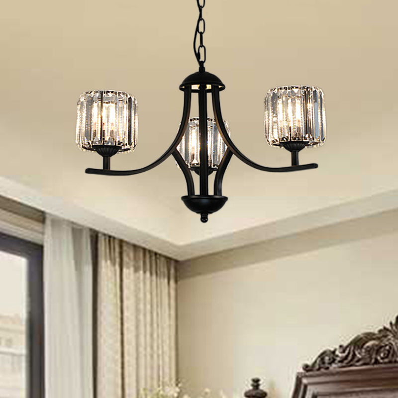 Mid-Century Cylinder Chandelier Light Crystal 4/6/8 Bulbs Hanging Ceiling Light in Black for Dining Room 3 Black Clearhalo 'Ceiling Lights' 'Chandeliers' 'Modern Chandeliers' 'Modern' Lighting' 222590