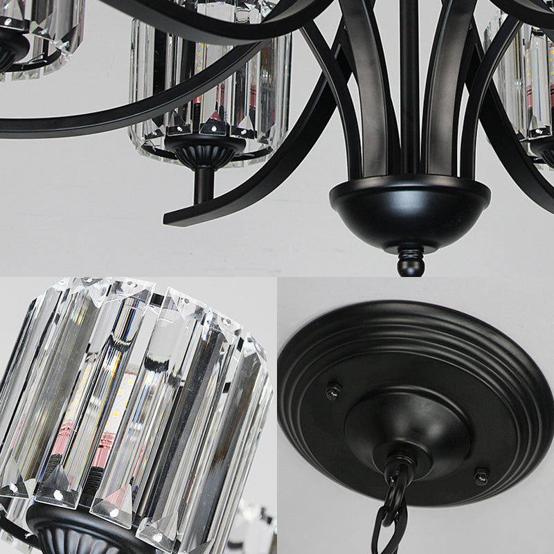 Mid-Century Cylinder Chandelier Light Crystal 4/6/8 Bulbs Hanging Ceiling Light in Black for Dining Room Clearhalo 'Ceiling Lights' 'Chandeliers' 'Modern Chandeliers' 'Modern' Lighting' 222593