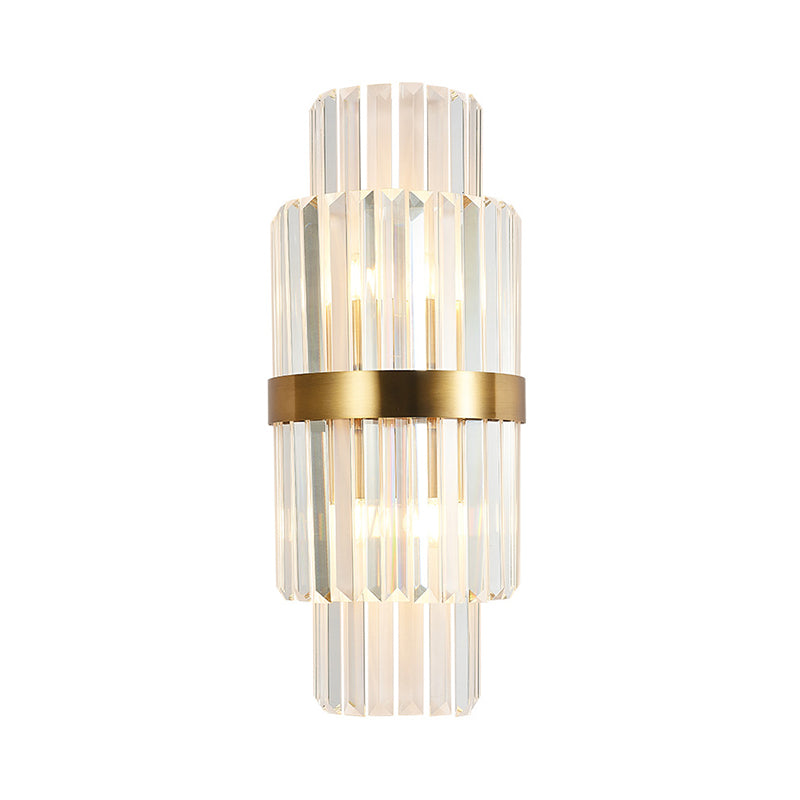 Cylinder Wall Lighting Fixture Modernist Clear Crystal 2 Lights Golden Sconce Lamp for Living Room, 18"/21.5" Height Clearhalo 'Modern wall lights' 'Modern' 'Wall Lamps & Sconces' 'Wall Lights' Lighting' 222624