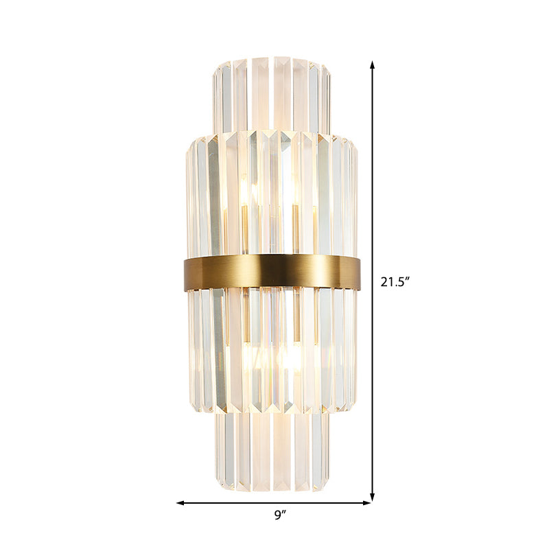 Cylinder Wall Lighting Fixture Modernist Clear Crystal 2 Lights Golden Sconce Lamp for Living Room, 18"/21.5" Height Clearhalo 'Modern wall lights' 'Modern' 'Wall Lamps & Sconces' 'Wall Lights' Lighting' 222626