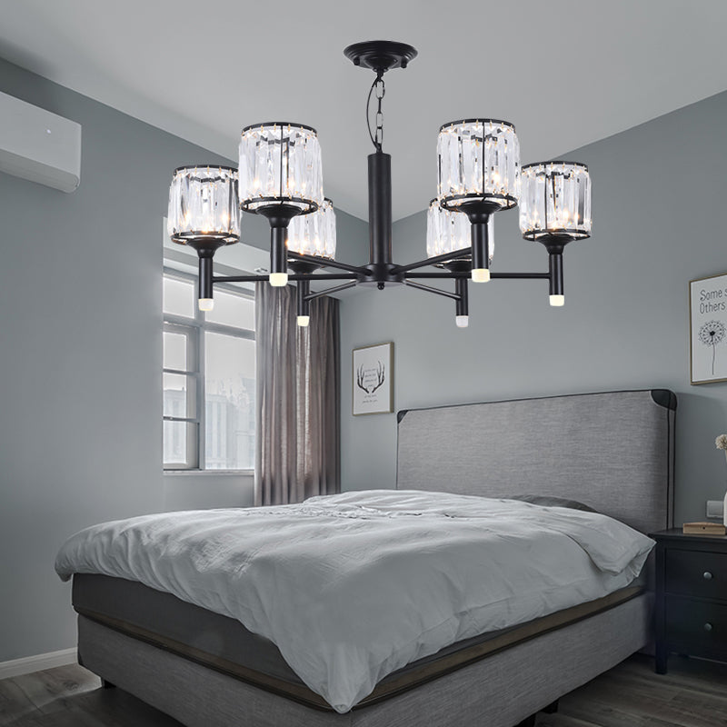 Retro Radial Chandelier Light Crystal 3/6/8 Lights Hanging Lamp in Black for Bedroom 6 Black Clearhalo 'Ceiling Lights' 'Chandeliers' 'Modern Chandeliers' 'Modern' Lighting' 222659