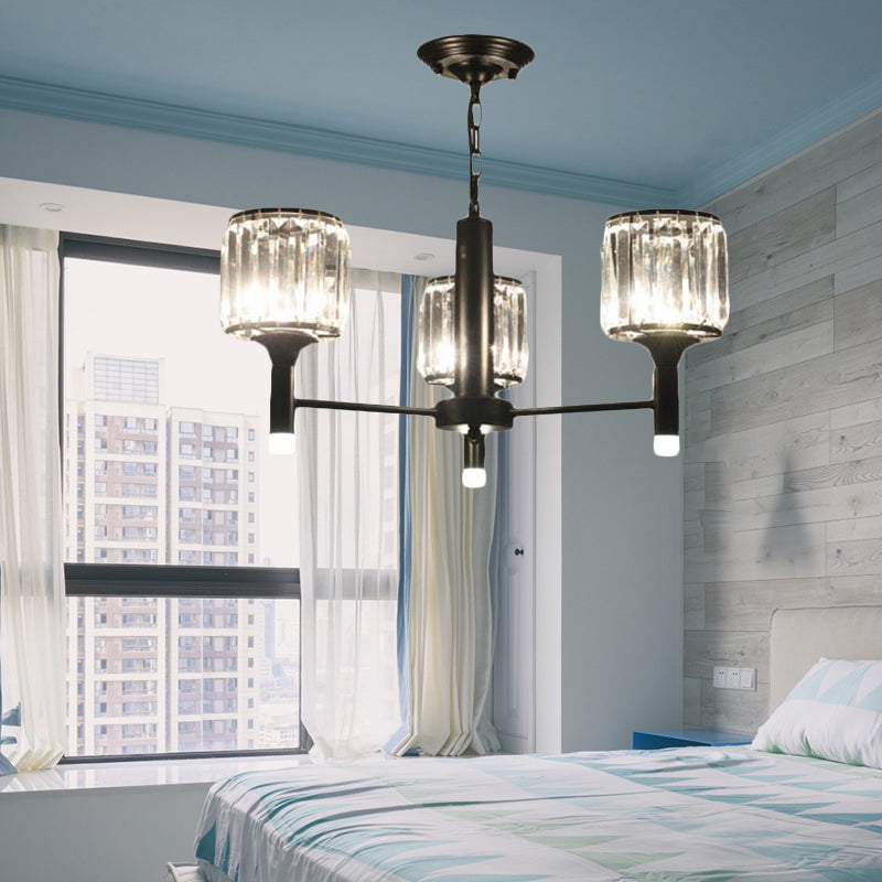 Retro Radial Chandelier Light Crystal 3/6/8 Lights Hanging Lamp in Black for Bedroom 3 Black Clearhalo 'Ceiling Lights' 'Chandeliers' 'Modern Chandeliers' 'Modern' Lighting' 222663