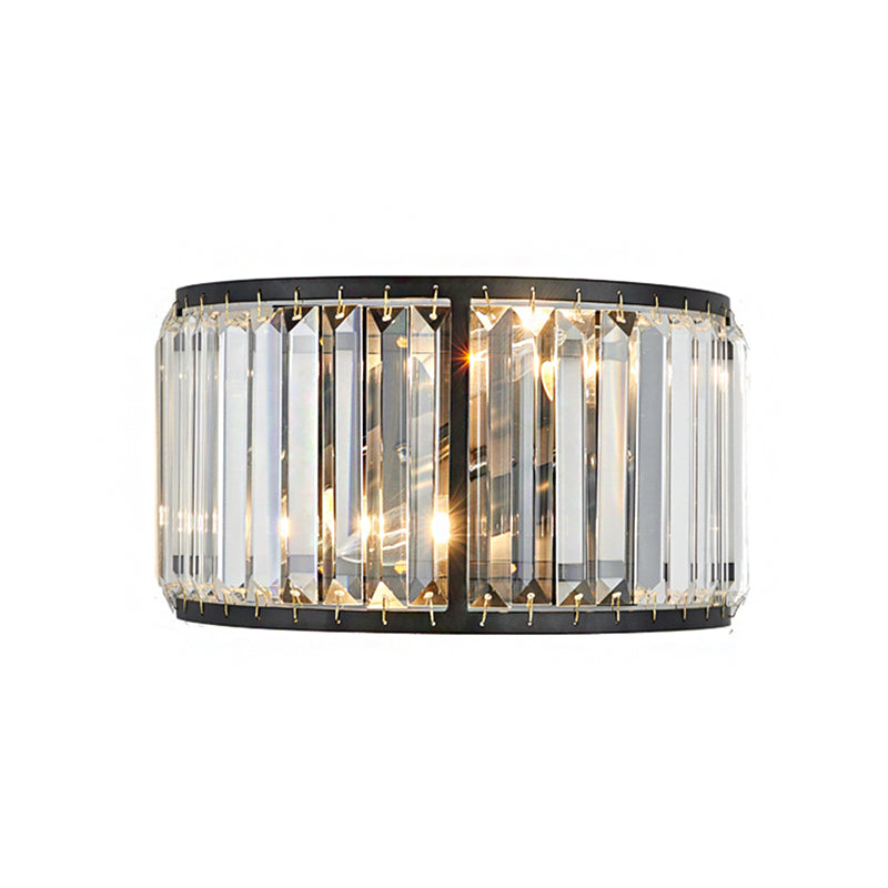 Metal Drum Wall Mount Lighting Modern Style 2 Bulbs Black/Gold Wall Sconce Lamp with Clear Crystal Block Clearhalo 'Modern wall lights' 'Modern' 'Wall Lamps & Sconces' 'Wall Lights' Lighting' 222669