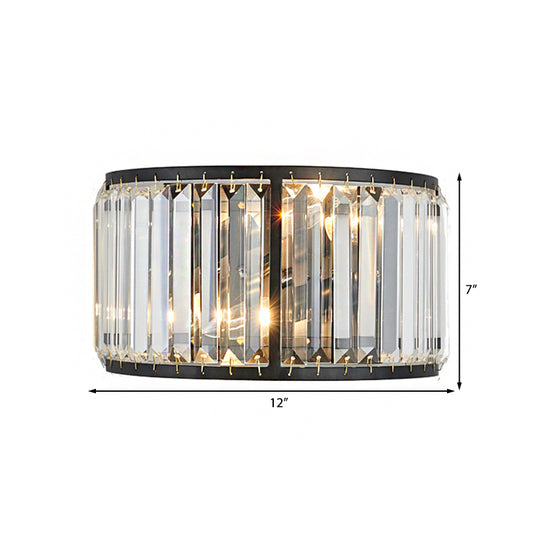 Metal Drum Wall Mount Lighting Modern Style 2 Bulbs Black/Gold Wall Sconce Lamp with Clear Crystal Block Clearhalo 'Modern wall lights' 'Modern' 'Wall Lamps & Sconces' 'Wall Lights' Lighting' 222670