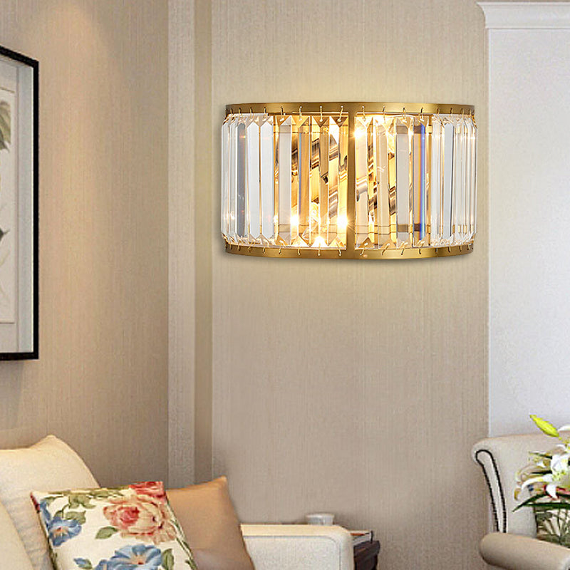 Metal Drum Wall Mount Lighting Modern Style 2 Bulbs Black/Gold Wall Sconce Lamp with Clear Crystal Block Gold Clearhalo 'Modern wall lights' 'Modern' 'Wall Lamps & Sconces' 'Wall Lights' Lighting' 222672