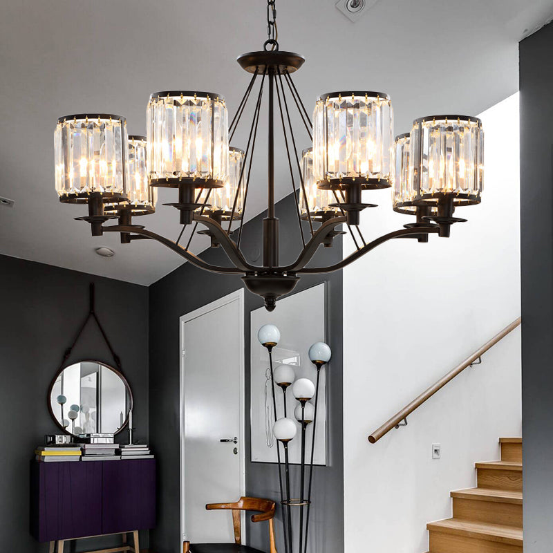 Black Cylinder Chandelier Lamp Modern Crystal 3/6/8 Lights Hanging Light Kit for Living Room Clearhalo 'Ceiling Lights' 'Chandeliers' 'Modern Chandeliers' 'Modern' Lighting' 222684