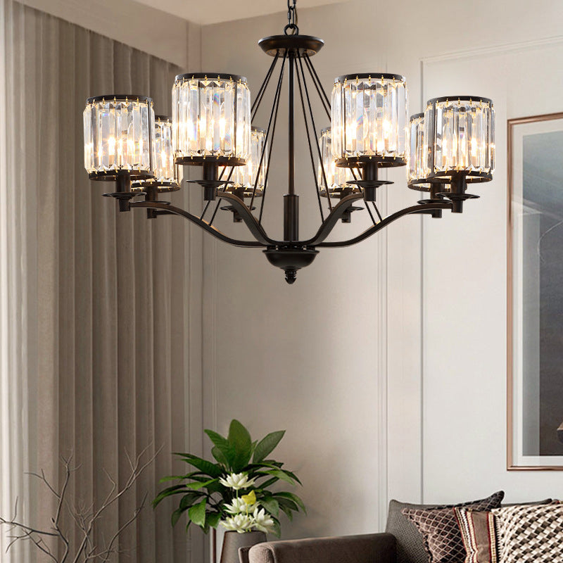 Black Cylinder Chandelier Lamp Modern Crystal 3/6/8 Lights Hanging Light Kit for Living Room Clearhalo 'Ceiling Lights' 'Chandeliers' 'Modern Chandeliers' 'Modern' Lighting' 222685