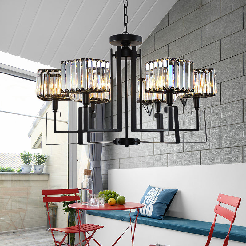 Black Square Pendant Chandelier Retro Crystal 3/6 Bulbs Hanging Pendant Light 6 Black Clearhalo 'Ceiling Lights' 'Chandeliers' 'Modern Chandeliers' 'Modern' Lighting' 222705