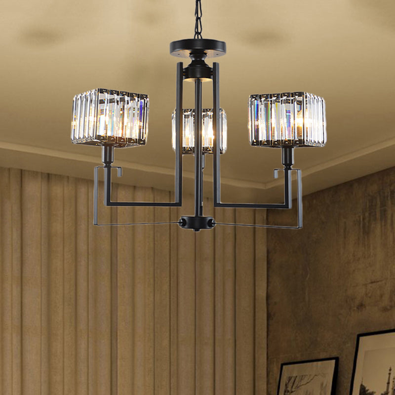 Black Square Pendant Chandelier Retro Crystal 3/6 Bulbs Hanging Pendant Light Clearhalo 'Ceiling Lights' 'Chandeliers' 'Modern Chandeliers' 'Modern' Lighting' 222712