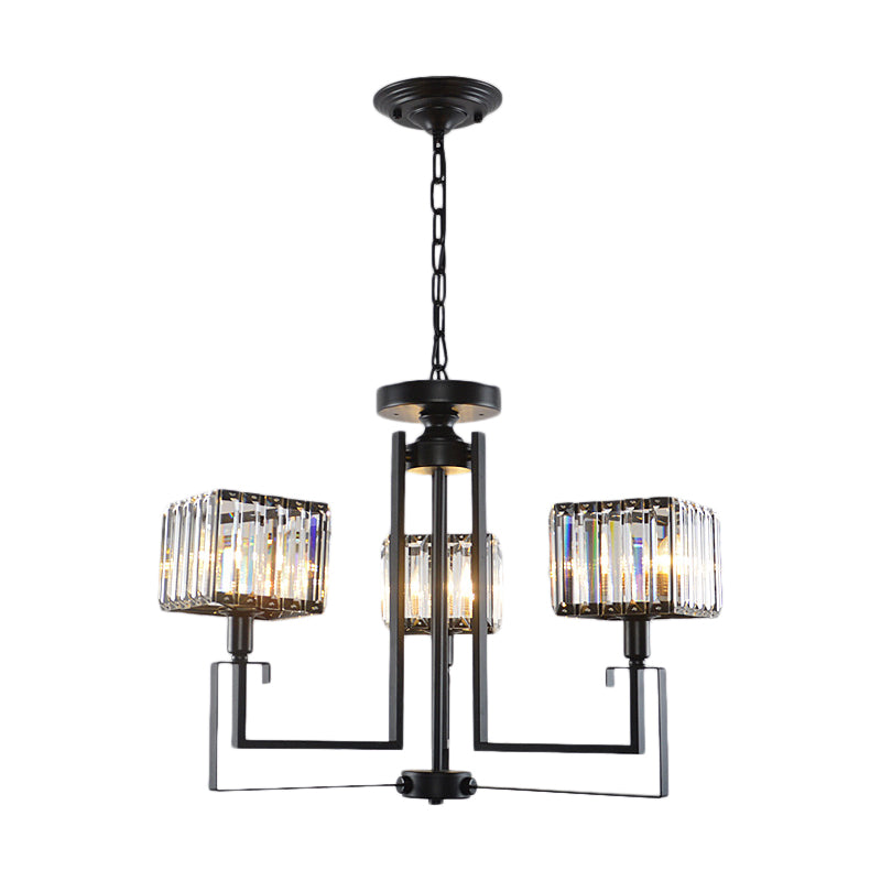 Black Square Pendant Chandelier Retro Crystal 3/6 Bulbs Hanging Pendant Light Clearhalo 'Ceiling Lights' 'Chandeliers' 'Modern Chandeliers' 'Modern' Lighting' 222713