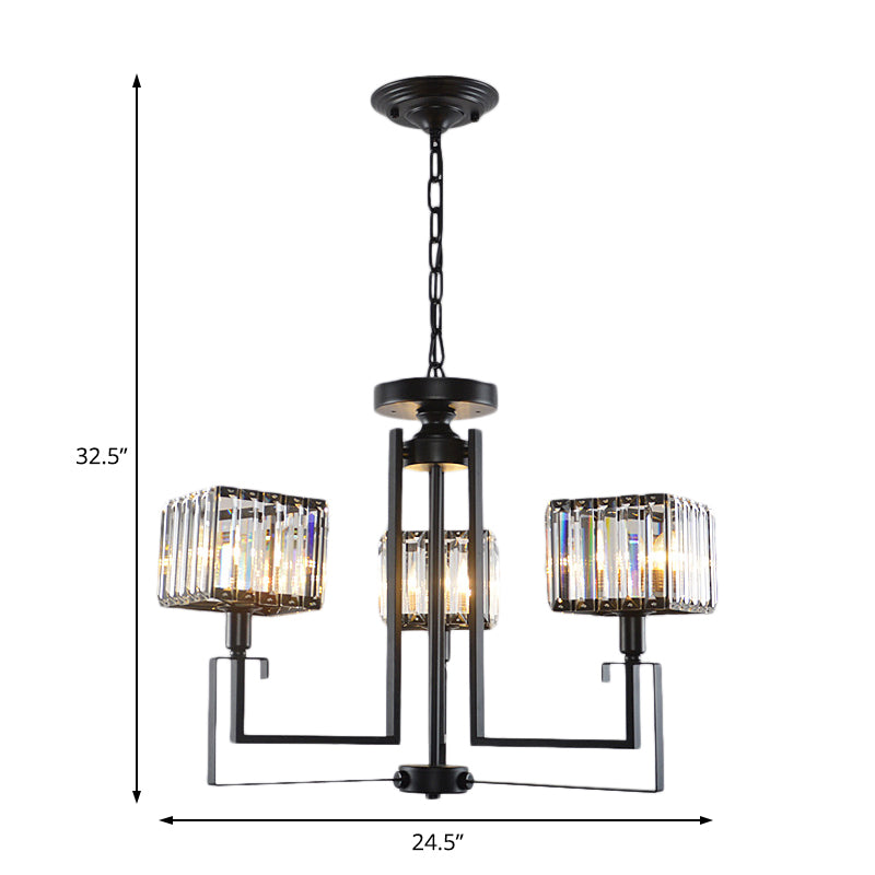 Black Square Pendant Chandelier Retro Crystal 3/6 Bulbs Hanging Pendant Light Clearhalo 'Ceiling Lights' 'Chandeliers' 'Modern Chandeliers' 'Modern' Lighting' 222714