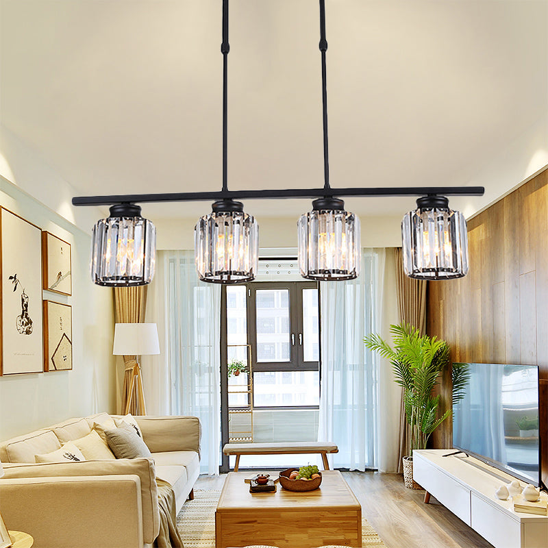 Nordic Cylinder Island Pendant Crystal 3/4 Bulbs Hanging Ceiling Light in Black for Living Room 4 Black Clearhalo 'Ceiling Lights' 'Chandeliers' 'Glass shade' 'Glass' 'Island Lights' Lighting' 222728