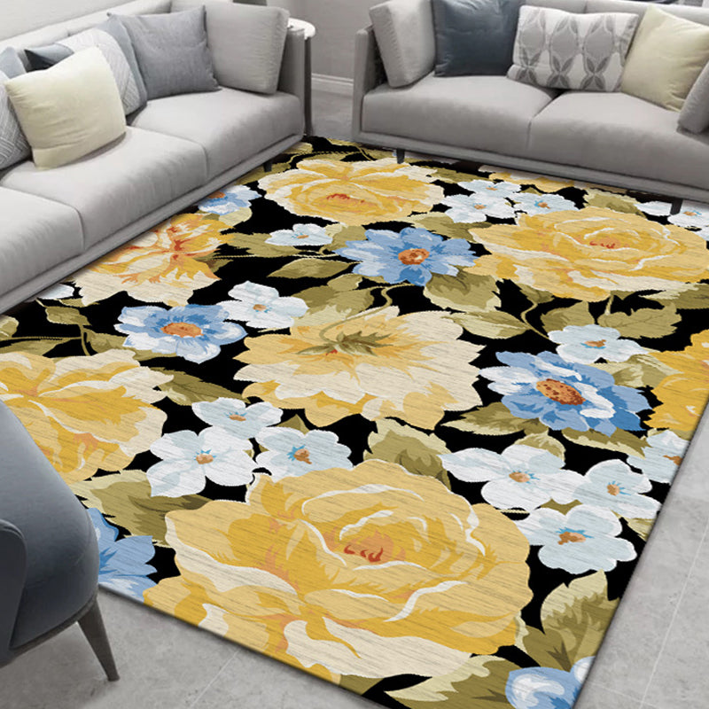 Chinese Plant Print Rug Multi Colored Polyster Area Rug Polyster Pet Friendly Machine Washable Carpet for Room Yellow Clearhalo 'Area Rug' 'Modern' 'Rugs' Rug' 2227499