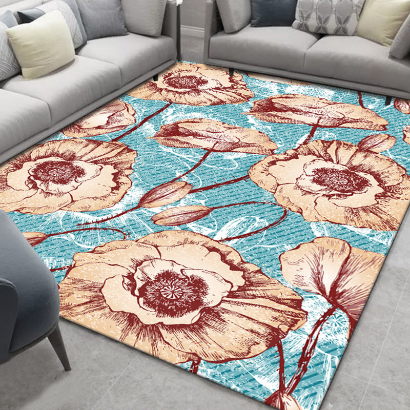 Chinese Plant Print Rug Multi Colored Polyster Area Rug Polyster Pet Friendly Machine Washable Carpet for Room Sky Blue Clearhalo 'Area Rug' 'Modern' 'Rugs' Rug' 2227504