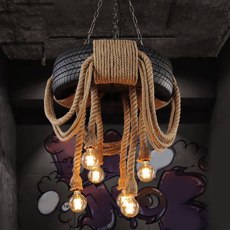 Antique Tyre Ceiling Lighting 6 Heads Hemp Rope Chandelier Light Fixture in Black Clearhalo 'Ceiling Lights' 'Chandeliers' 'Industrial Chandeliers' 'Industrial' 'Middle Century Chandeliers' 'Tiffany' Lighting' 2227521