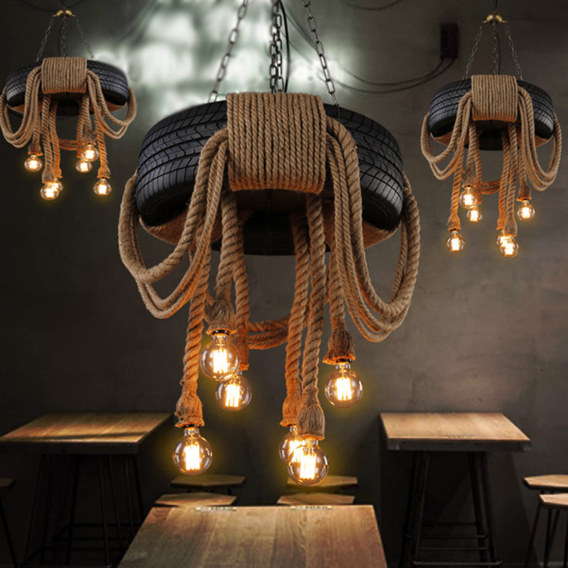 Antique Tyre Ceiling Lighting 6 Heads Hemp Rope Chandelier Light Fixture in Black Clearhalo 'Ceiling Lights' 'Chandeliers' 'Industrial Chandeliers' 'Industrial' 'Middle Century Chandeliers' 'Tiffany' Lighting' 2227522