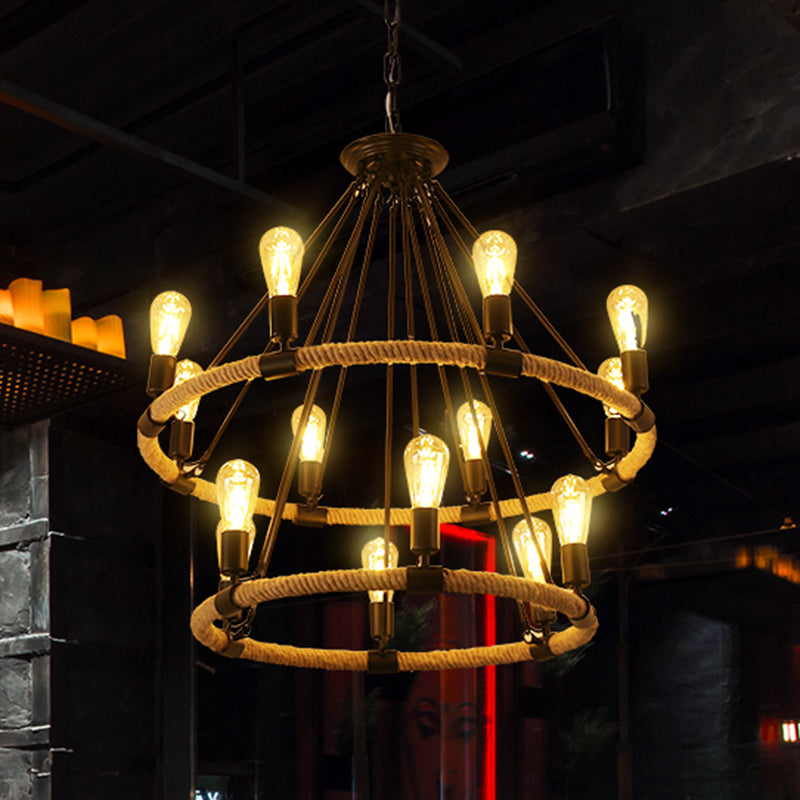 Wrapped Ring Hemp Rope Chandelier Pendant Light Vintage Restaurant Hanging Light in Flaxen 14 Flaxen Clearhalo 'Ceiling Lights' 'Chandeliers' 'Industrial Chandeliers' 'Industrial' 'Middle Century Chandeliers' 'Tiffany' Lighting' 2227525