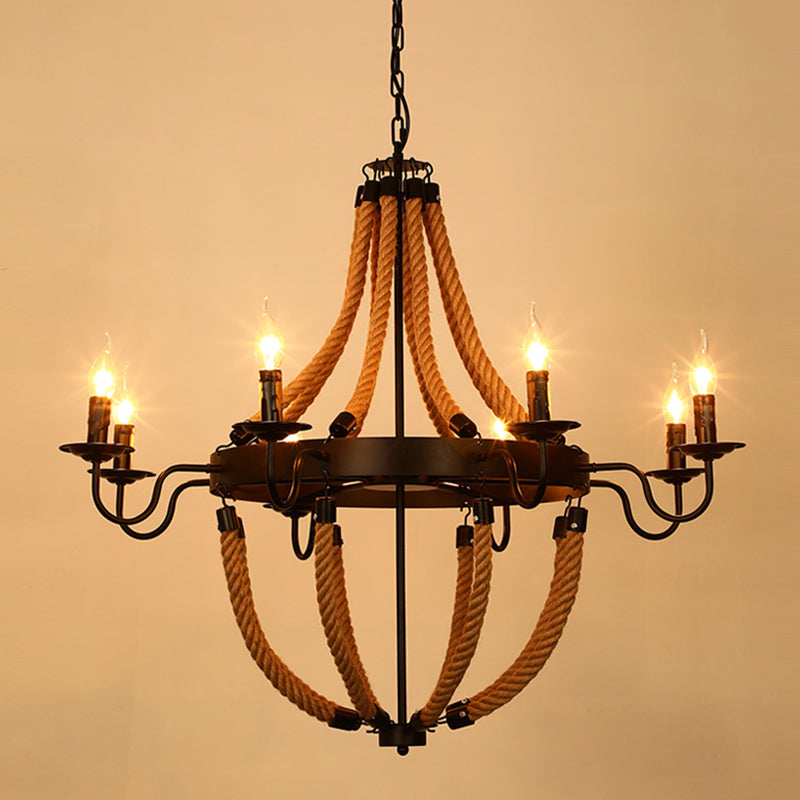 Black Dangling Suspension Light Rustic Style Hemp Rope Restaurant Chandelier Light 8 Black D Clearhalo 'Cast Iron' 'Ceiling Lights' 'Chandeliers' 'Industrial Chandeliers' 'Industrial' 'Metal' 'Middle Century Chandeliers' 'Rustic Chandeliers' 'Tiffany' Lighting' 2227610