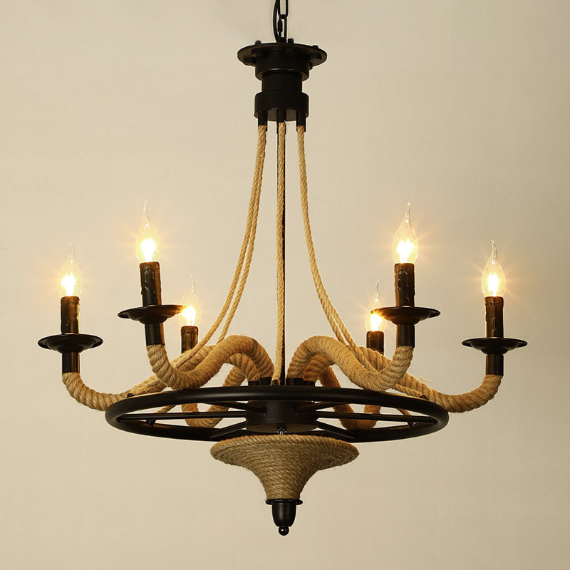 Black Dangling Suspension Light Rustic Style Hemp Rope Restaurant Chandelier Light 6 Black C Clearhalo 'Cast Iron' 'Ceiling Lights' 'Chandeliers' 'Industrial Chandeliers' 'Industrial' 'Metal' 'Middle Century Chandeliers' 'Rustic Chandeliers' 'Tiffany' Lighting' 2227619