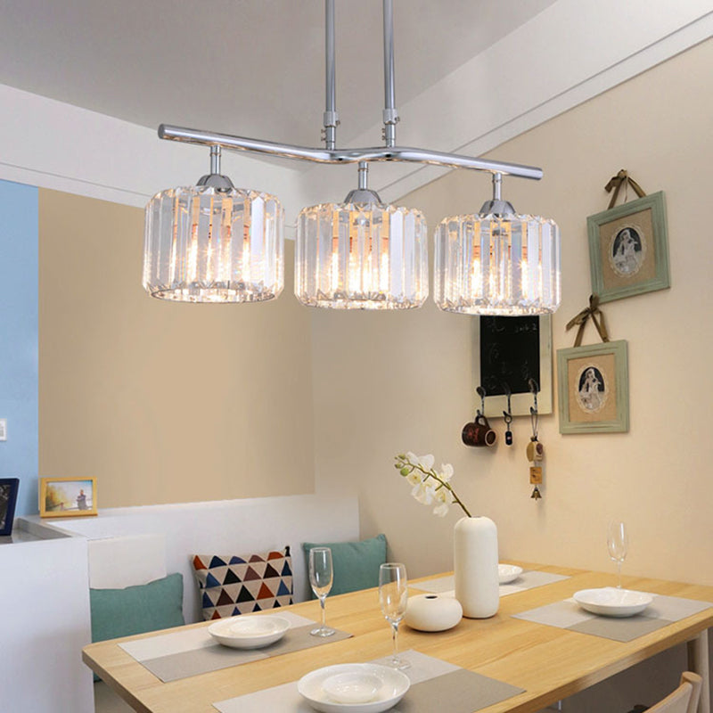 2/3 Bulbs Dining Room Island Pendant Modern Chrome Hanging Ceiling Light with Drum Crystal Shade 3 Chrome Clearhalo 'Ceiling Lights' 'Island Lights' Lighting' 222763