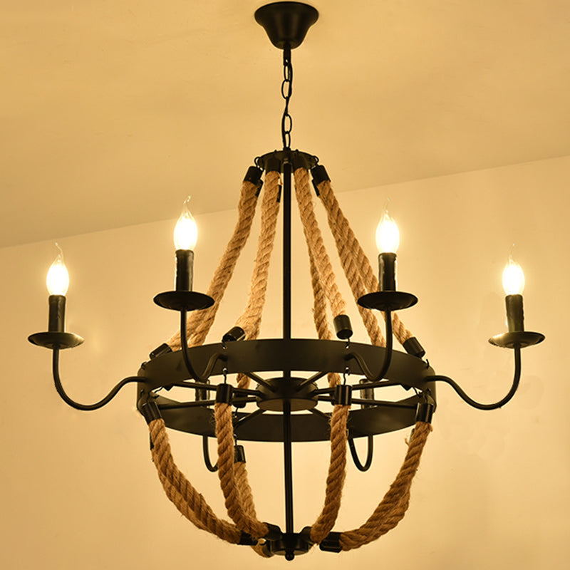 Circular Iron Ceiling Lighting Industrial Restaurant Chandelier Light Fixture with Hemp Rope in Black 6 Black C Clearhalo 'Cast Iron' 'Ceiling Lights' 'Chandeliers' 'Industrial Chandeliers' 'Industrial' 'Metal' 'Middle Century Chandeliers' 'Rustic Chandeliers' 'Tiffany' Lighting' 2227632