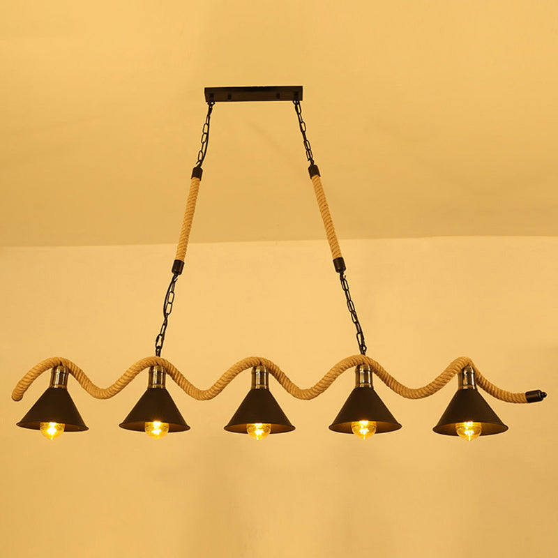 Vintage Shaded Pendant Lighting Iron Hanging Island Light with Hemp Rope in Black 5 Black A Clearhalo 'Ceiling Lights' 'Island Lights' Lighting' 2227634