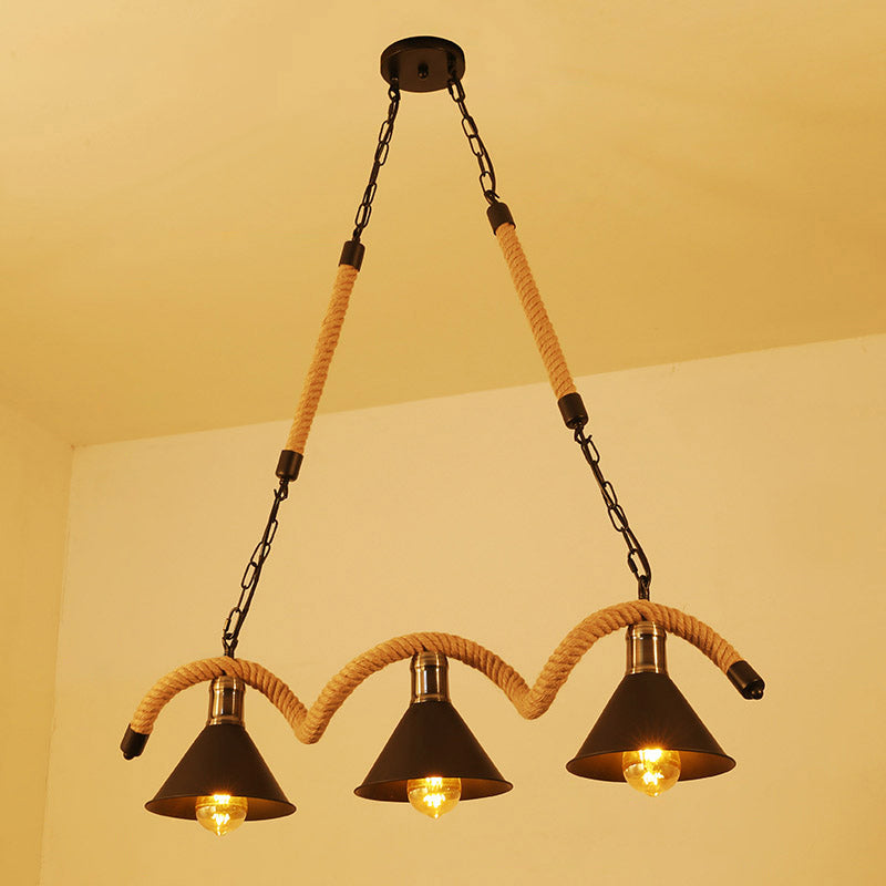 Vintage Shaded Pendant Lighting Iron Hanging Island Light with Hemp Rope in Black 3 Black A Clearhalo 'Ceiling Lights' 'Island Lights' Lighting' 2227635