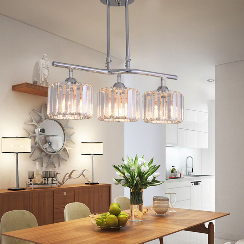 2/3 Bulbs Dining Room Island Pendant Modern Chrome Hanging Ceiling Light with Drum Crystal Shade Clearhalo 'Ceiling Lights' 'Island Lights' Lighting' 222764