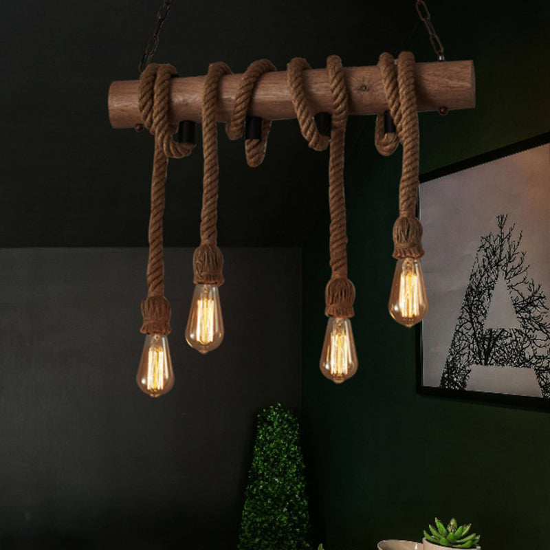 4 Heads Island Pendant Light Antique Exposed Bulb Hemp Rope Ceiling Lighting in Wood Clearhalo 'Ceiling Lights' 'Island Lights' Lighting' 2227648