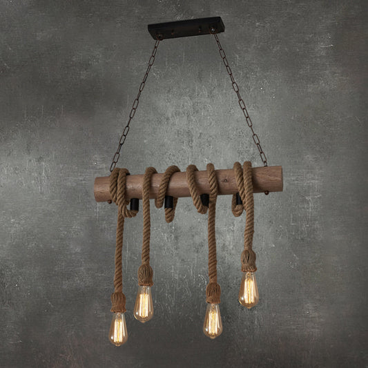 4 Heads Island Pendant Light Antique Exposed Bulb Hemp Rope Ceiling Lighting in Wood Wood Clearhalo 'Ceiling Lights' 'Island Lights' Lighting' 2227649