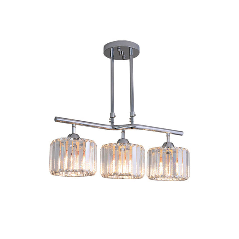 2/3 Bulbs Dining Room Island Pendant Modern Chrome Hanging Ceiling Light with Drum Crystal Shade Clearhalo 'Ceiling Lights' 'Island Lights' Lighting' 222765